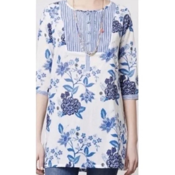 Anthropologie MERMAID Floral Sea Holly Tunic Top Stripes Beach Summer Large - Picture 8 of 15